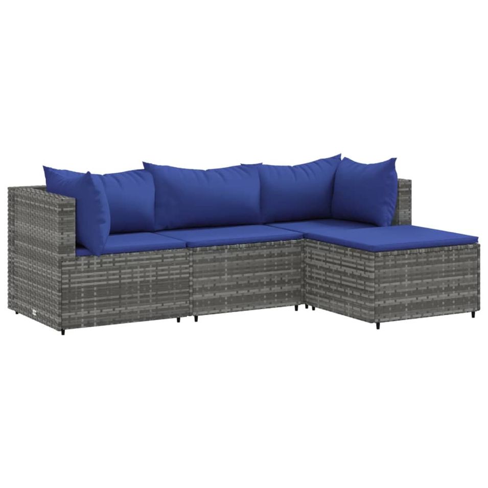 Salon de jardin 4 pcs avec coussins Gris Résine tressée - Photo n°1