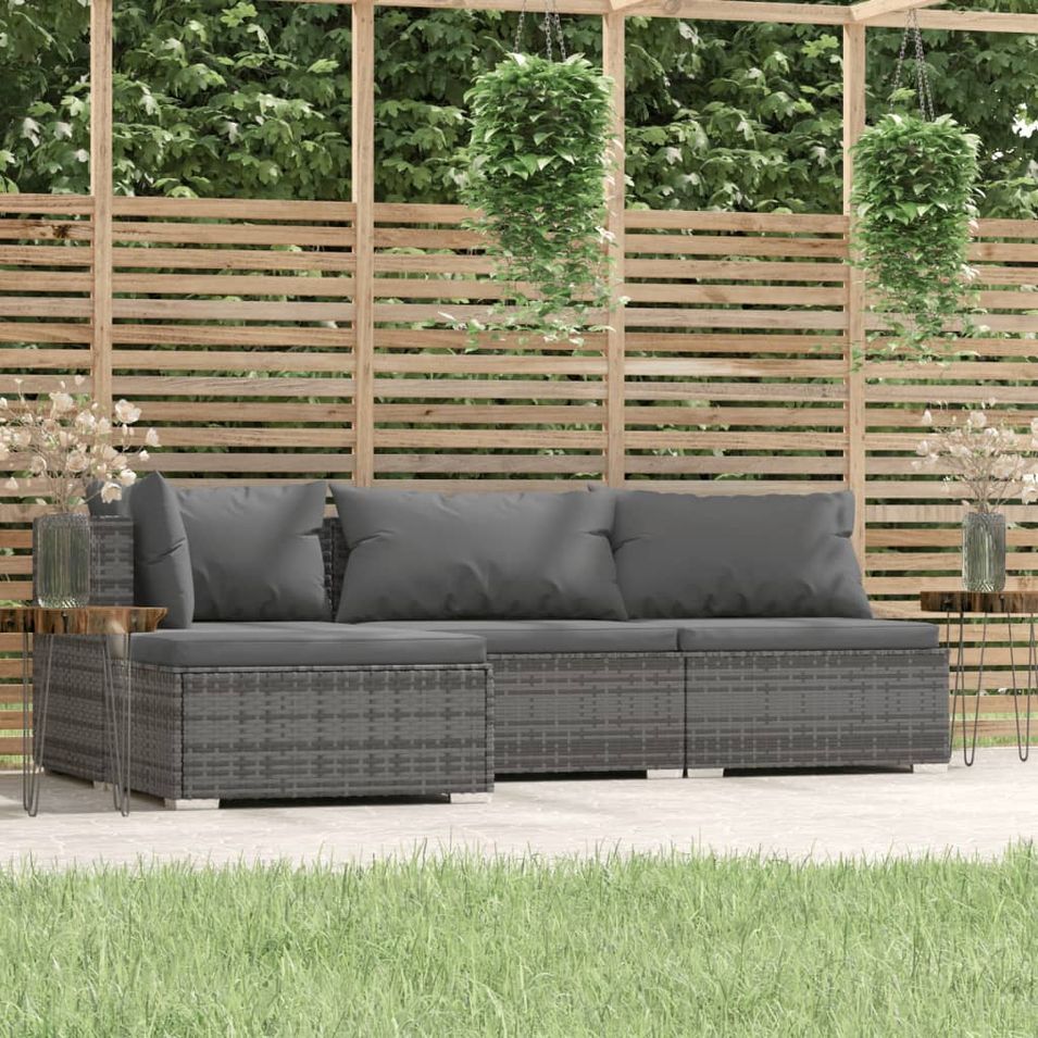 Salon de jardin 4 pcs avec coussins Gris Résine tressée - Photo n°1