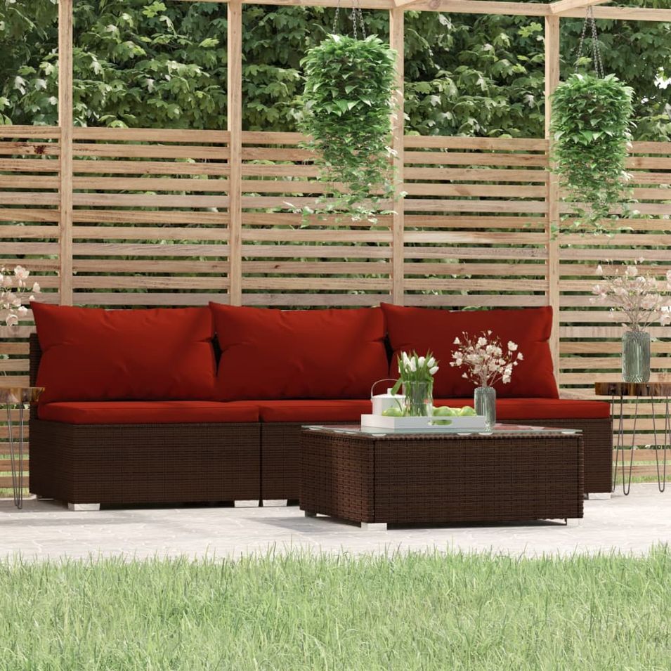 Salon de jardin 4 pcs avec coussins Marron Résine tressée - Photo n°1