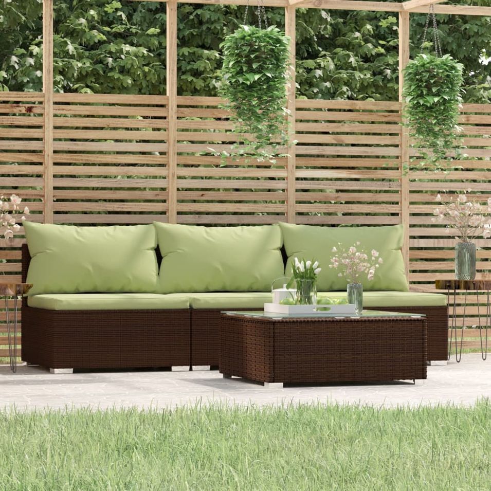 Salon de jardin 4 pcs avec coussins Marron Résine tressée - Photo n°1