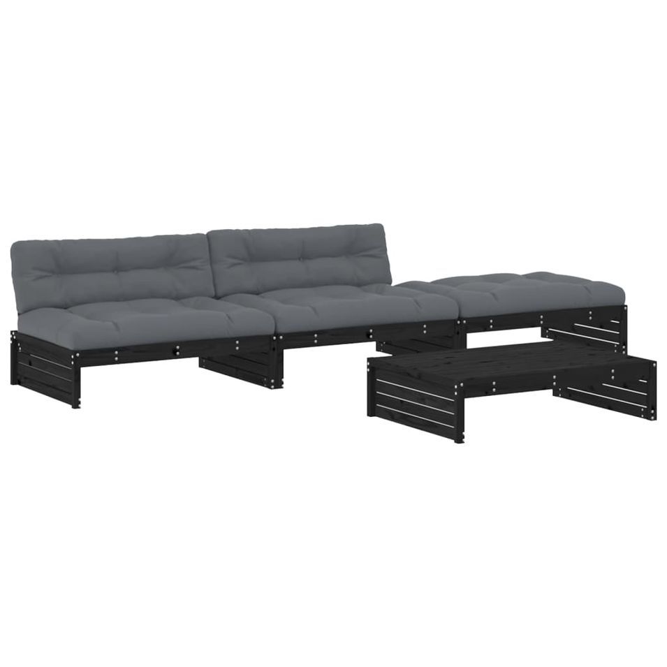 Salon de jardin 4 pcs avec coussins noir bois massif - Photo n°1