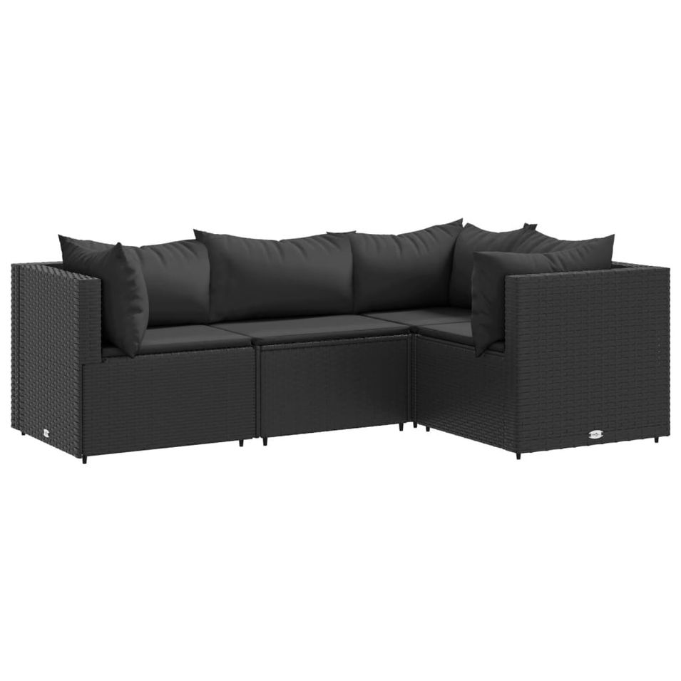 Salon de jardin 4 pcs avec coussins Noir Résine tressée - Photo n°1
