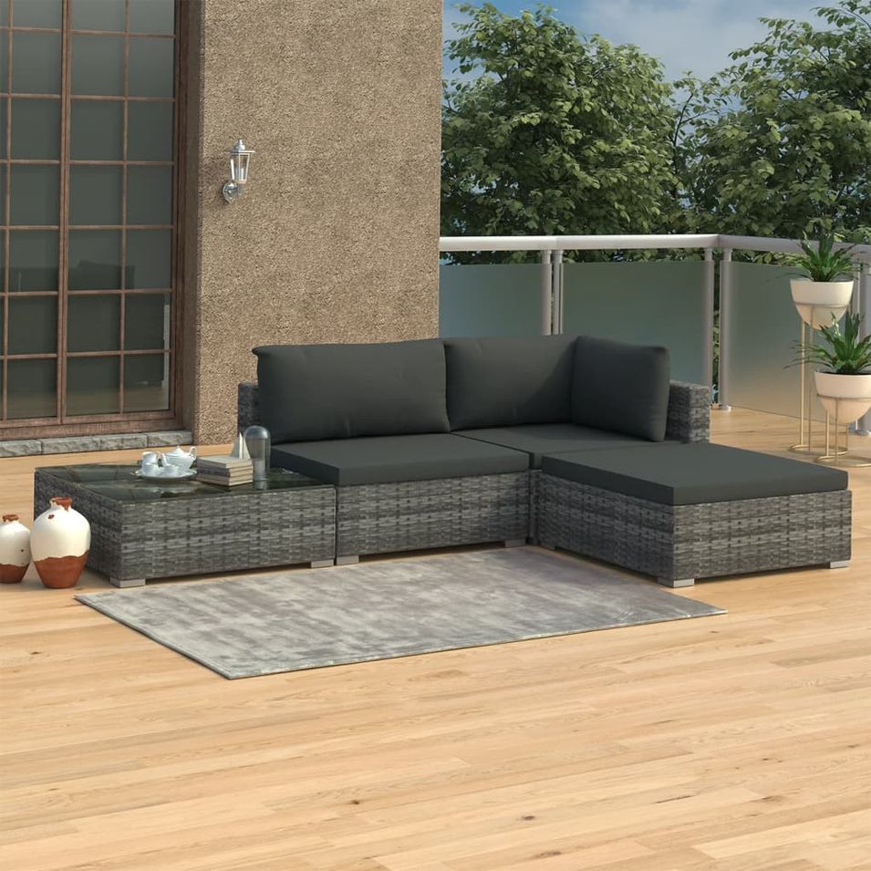Salon de jardin 4 pcs avec coussins Résine tressée Gris 7 - Photo n°1