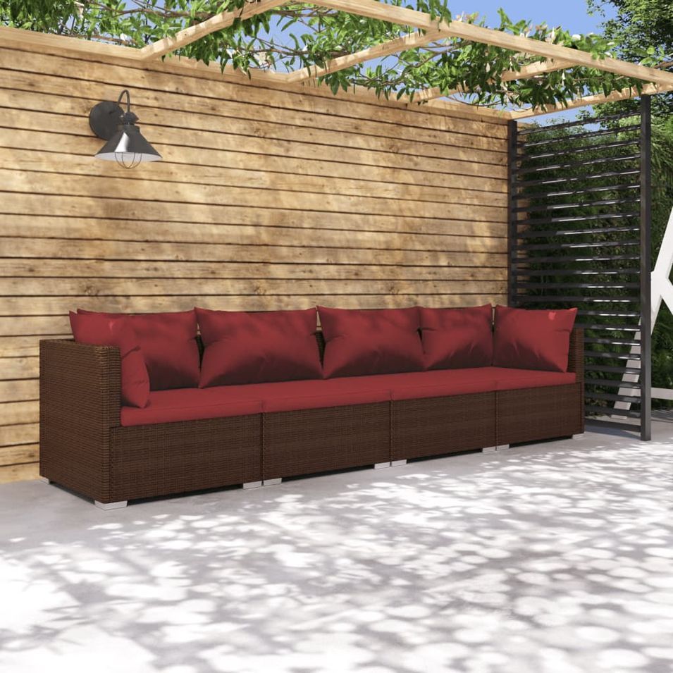 Salon de jardin 4 pcs avec coussins Résine tressée Marron - Photo n°1