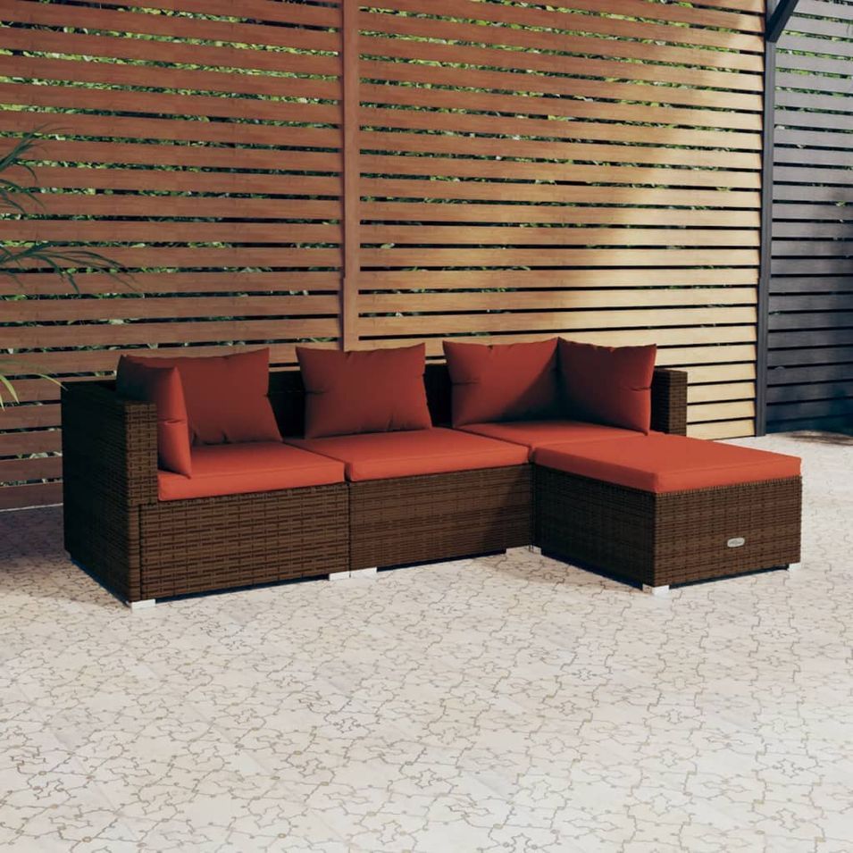 Salon de jardin 4 pcs avec coussins Résine tressée Marron - Photo n°1
