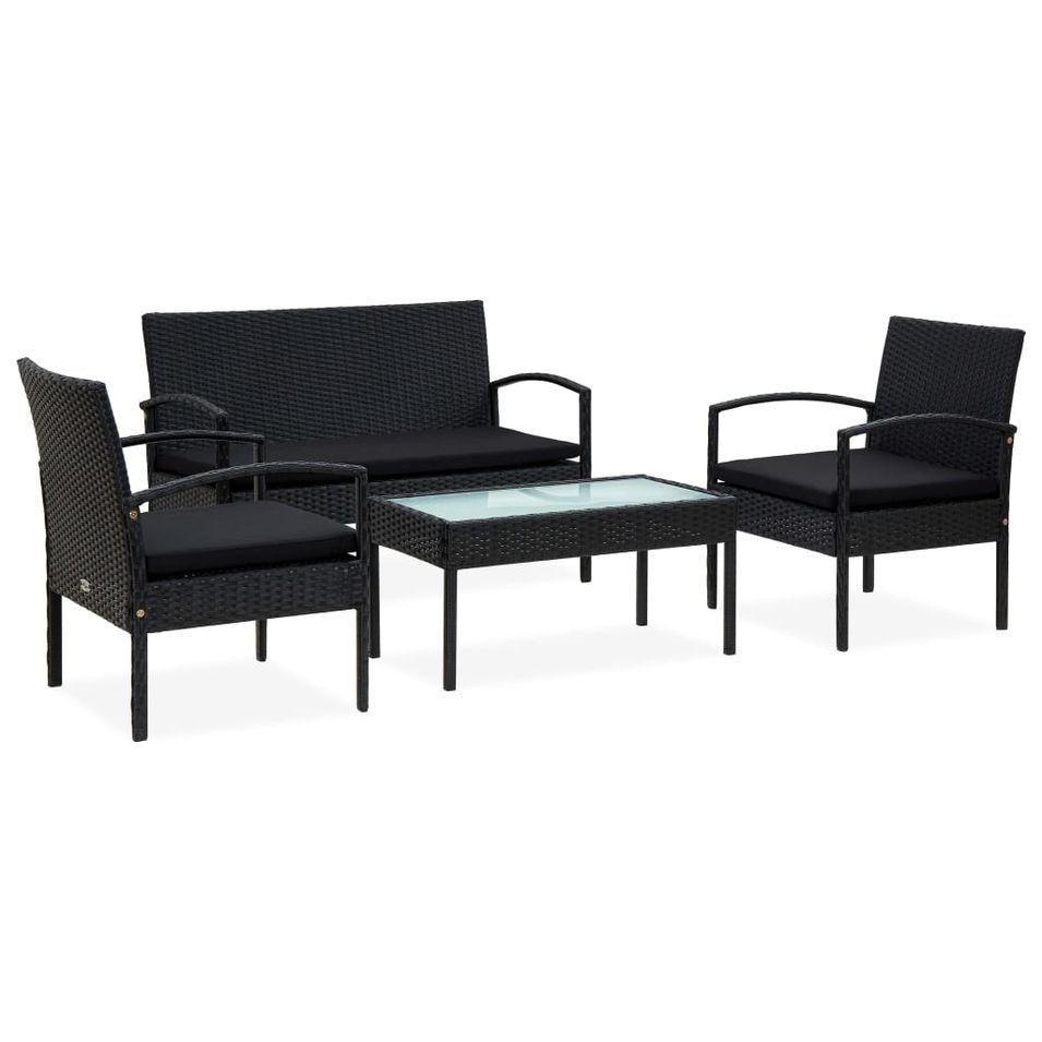 Salon de jardin 4 pcs avec coussins Résine tressée Noir 23 - Photo n°1
