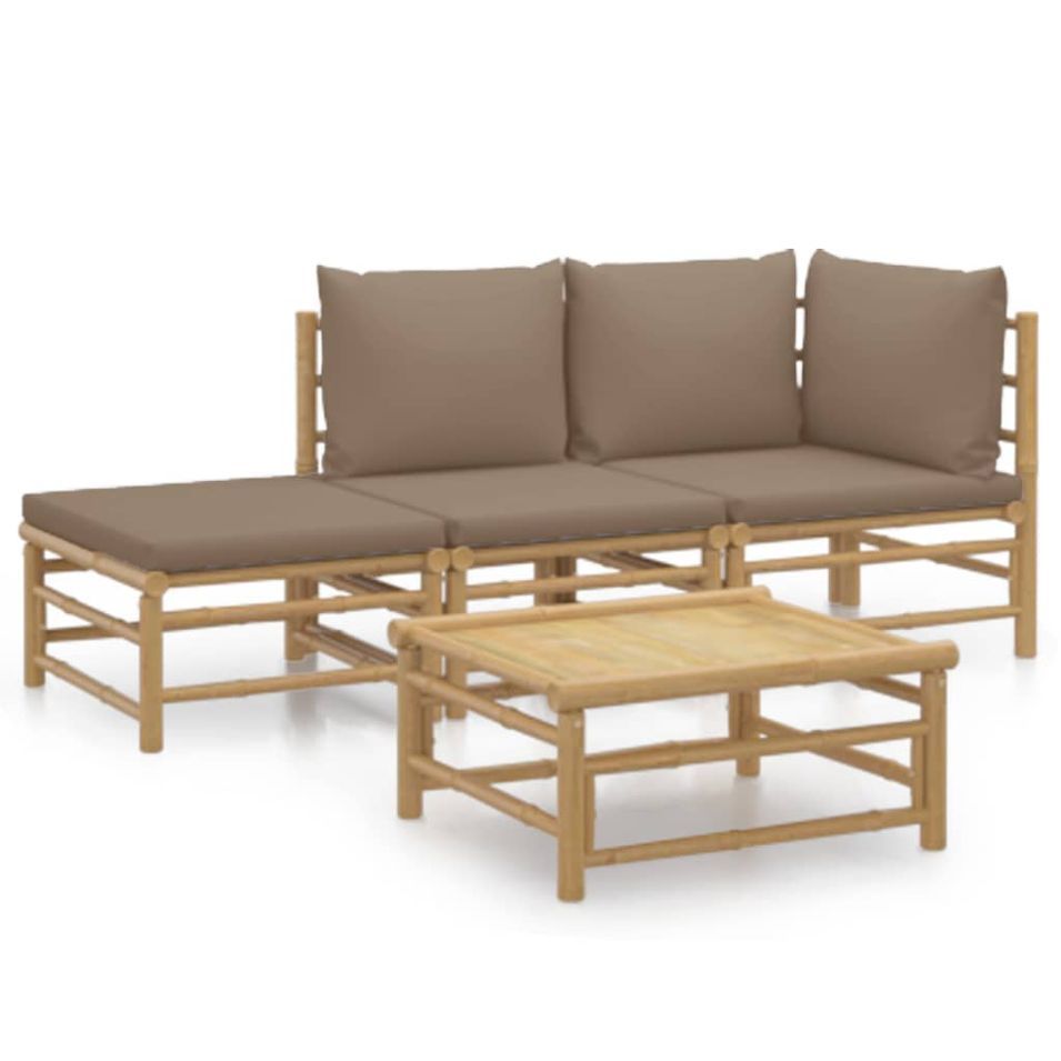 Salon de jardin 4 pcs avec coussins taupe bambou - Photo n°1