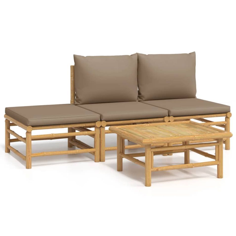 Salon de jardin 4 pcs avec coussins taupe bambou - Photo n°1