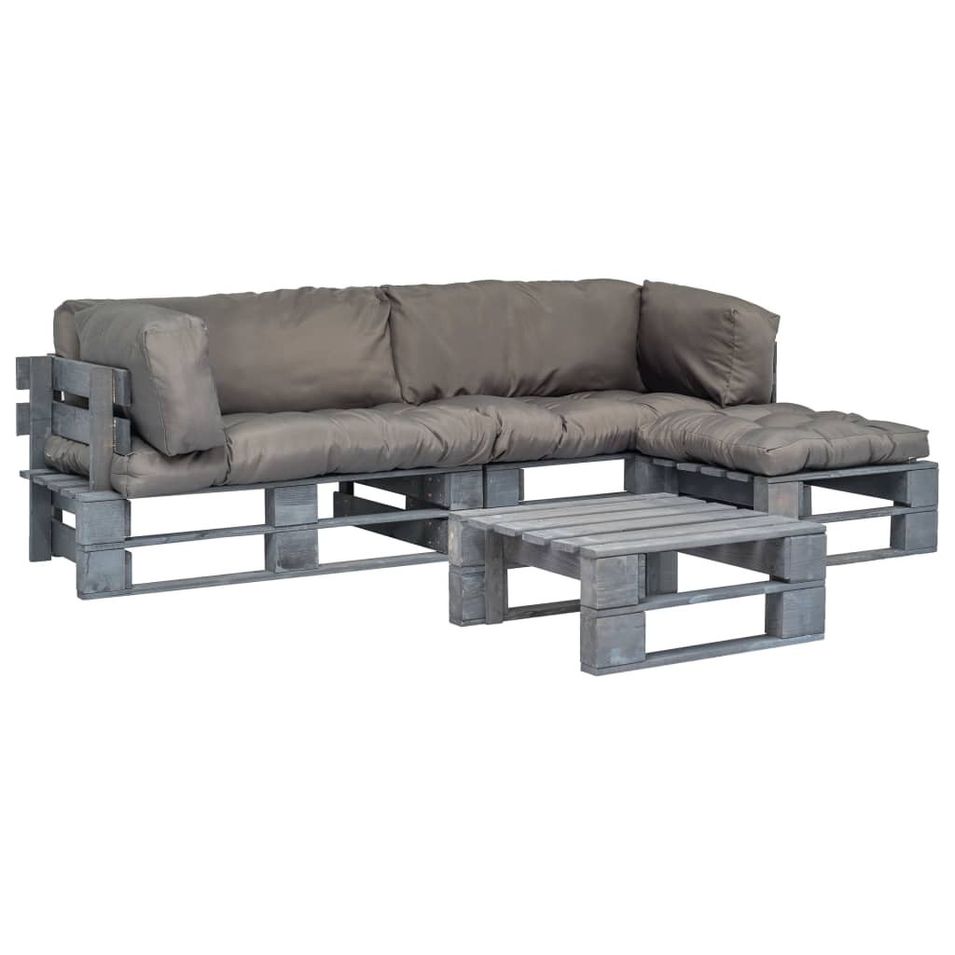 Salon de jardin 4 pcs palettes avec coussins gris Bois 3 - Photo n°1
