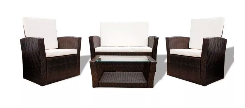 Salon de jardin 4 pièces résine tressée marron et coussins blanc Kim 3 - Photo n°1