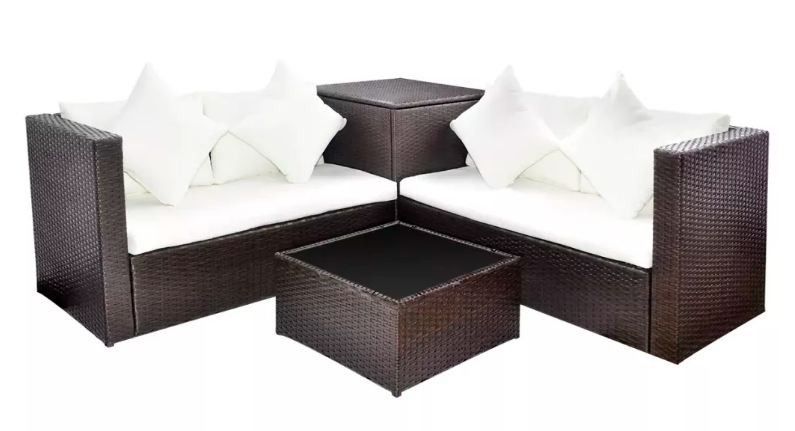 Salon de jardin 4 pièces résine tressée marron et coussins blanc Kim 2 - Photo n°1