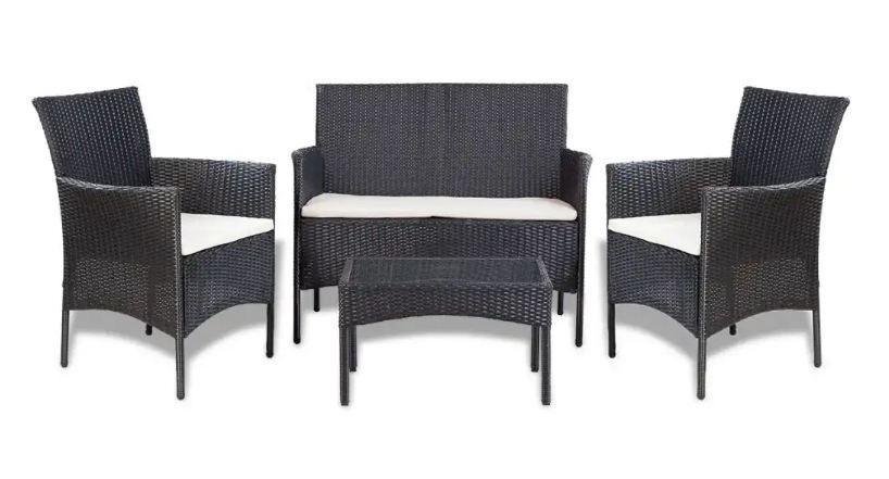 Salon de jardin 4 pièces résine tressée noir coussins blanc Mik - Photo n°1