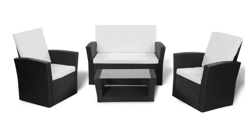 Salon de jardin 4 pièces résine tressée noir et coussins blanc Kim 2 - Photo n°1