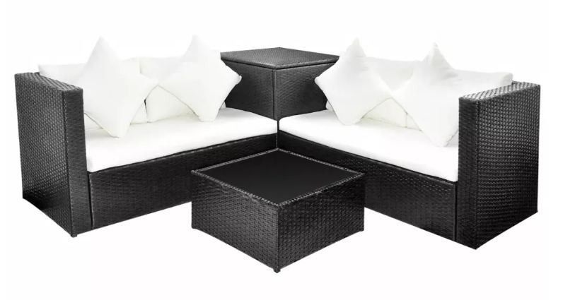 Salon de jardin 4 pièces résine tressée noir et coussins blanc Kim - Photo n°1