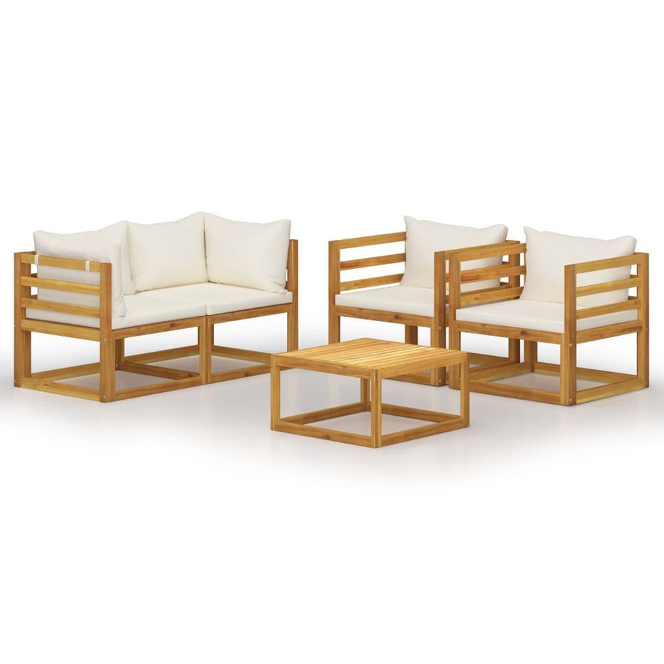 Salon de jardin 5 pcs avec coussin Crème Bois d'acacia solide 4 - Photo n°1