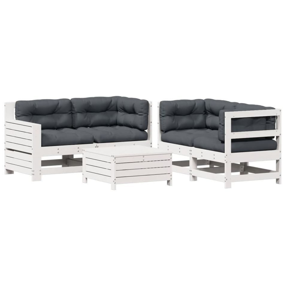 Salon de jardin 5 pcs avec coussins blanc bois massif de pin - Photo n°1