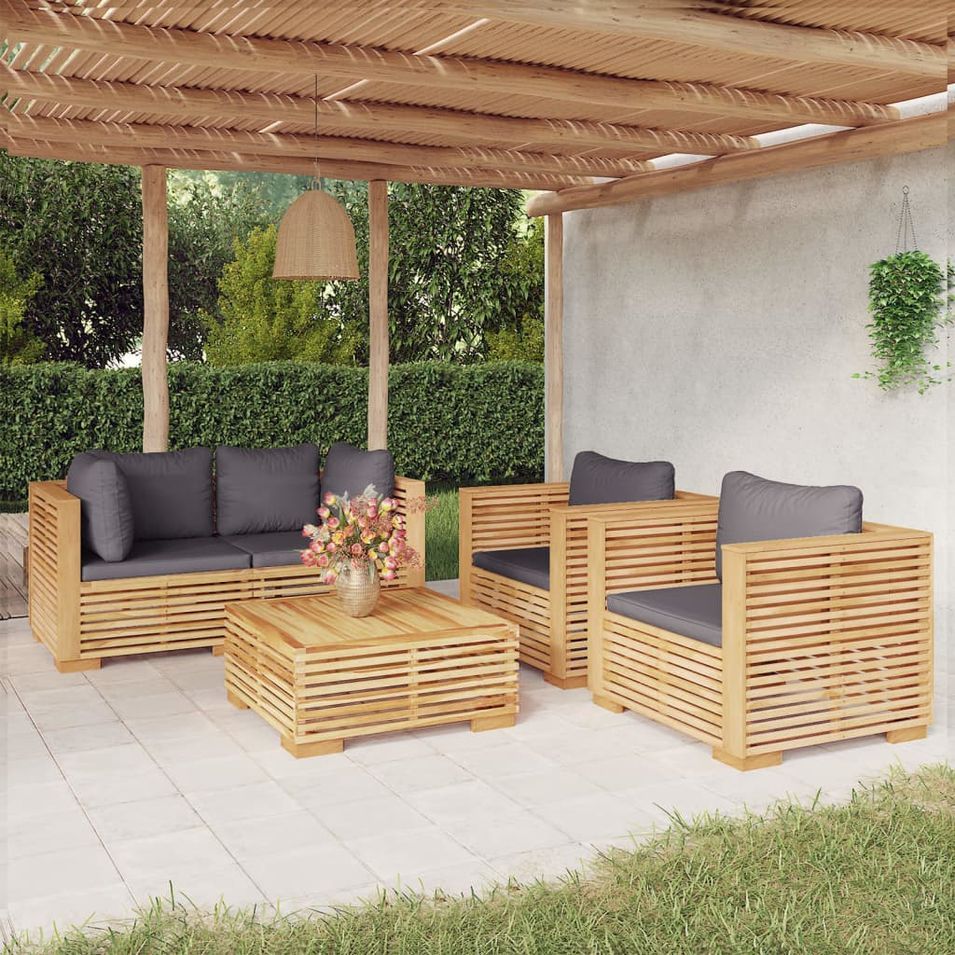 Salon de jardin 5 pcs avec coussins Bois de teck solide - Photo n°1