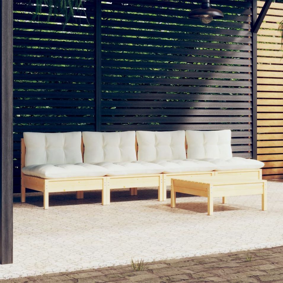 Salon de jardin 5 pcs avec coussins crème bois de pin - Photo n°1