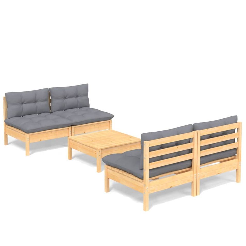 Salon de jardin 5 pcs avec coussins gris Bois de pin - Photo n°1