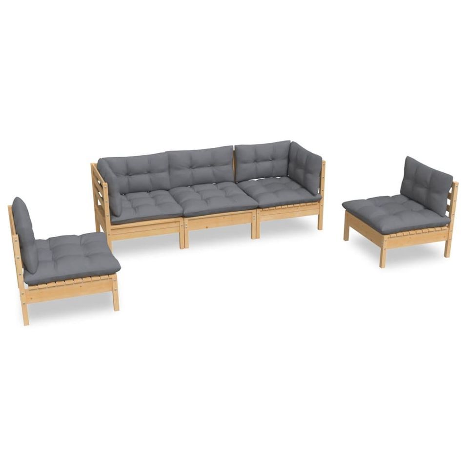 Salon de jardin 5 pcs avec coussins gris Bois de pin massif - Photo n°1