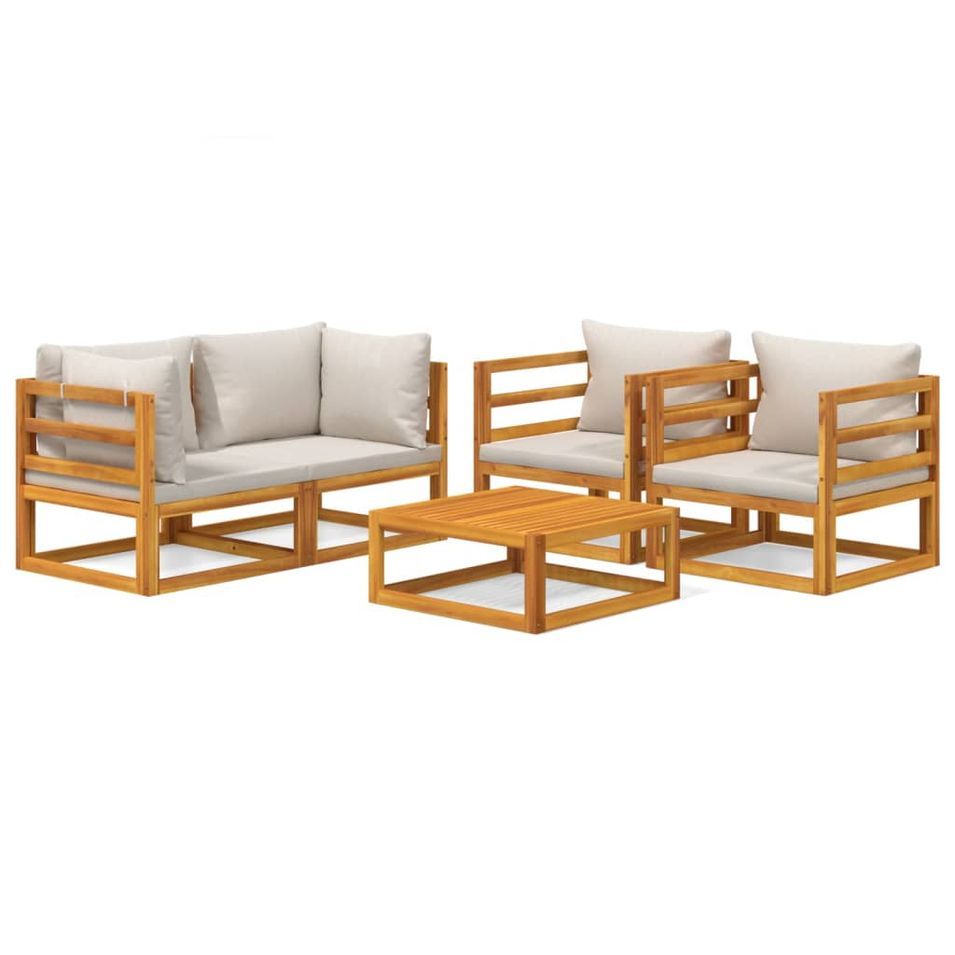 Salon de jardin 5 pcs avec coussins gris clair bois massif - Photo n°1