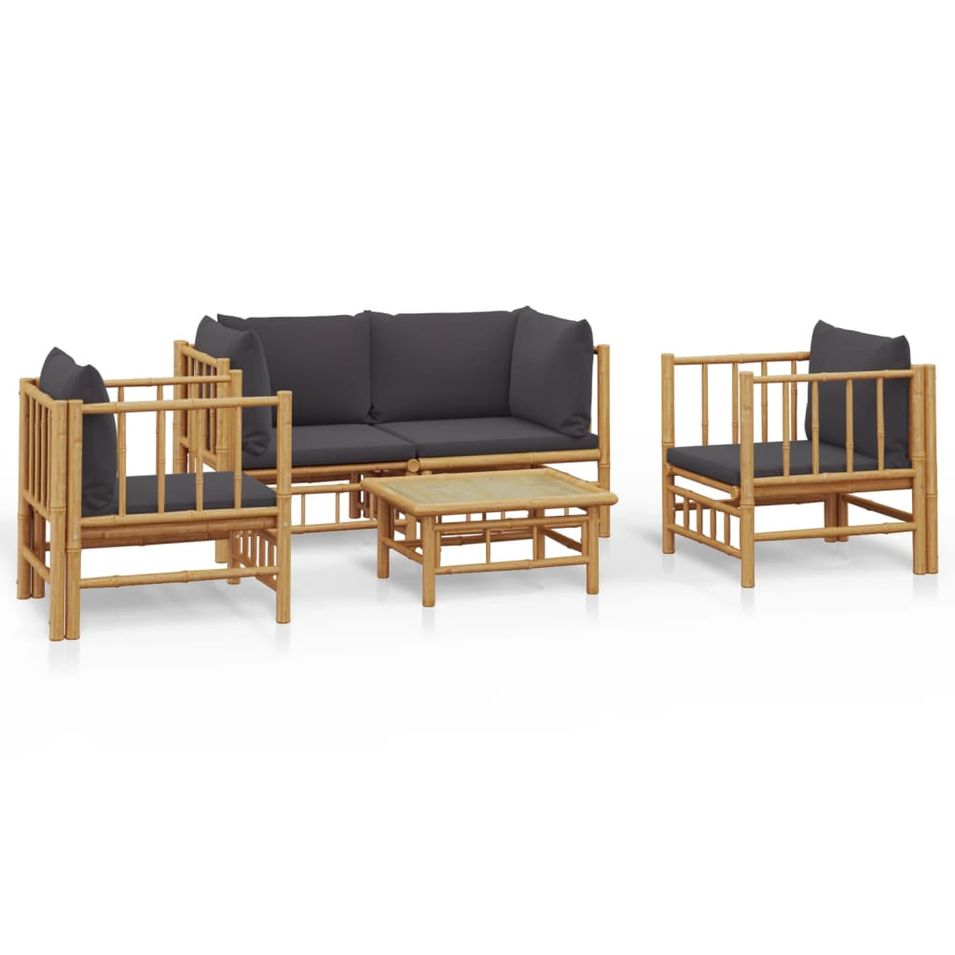 Salon de jardin 5 pcs avec coussins gris foncé bambou - Photo n°1