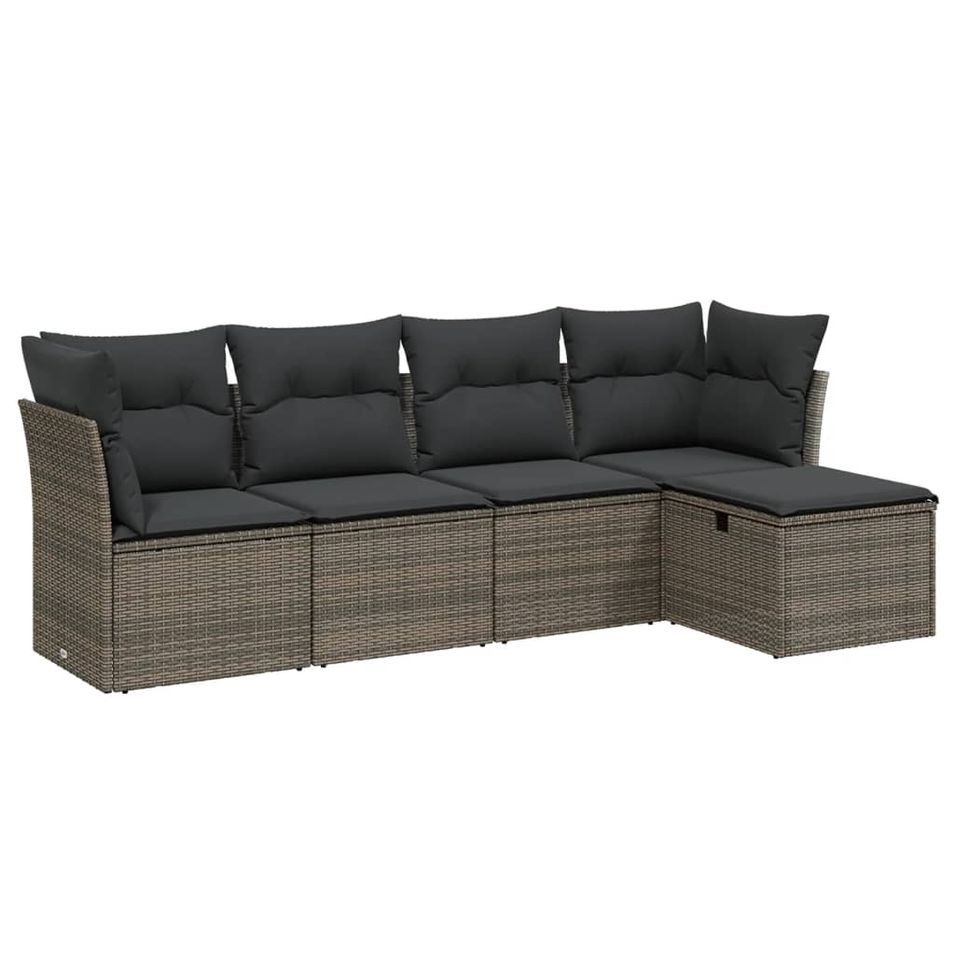 Salon de jardin 5 pcs avec coussins gris résine tressée - Photo n°1