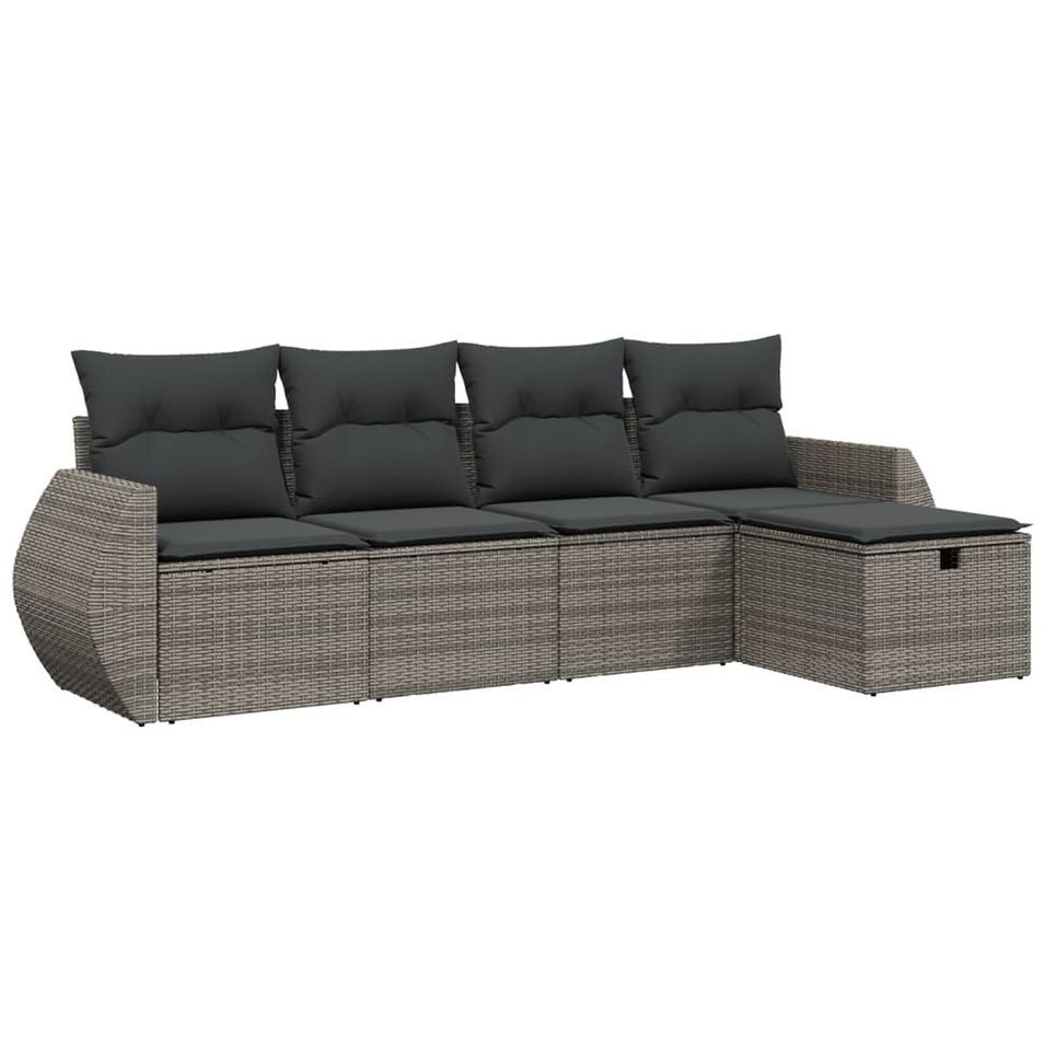Salon de jardin 5 pcs avec coussins gris résine tressée - Photo n°1