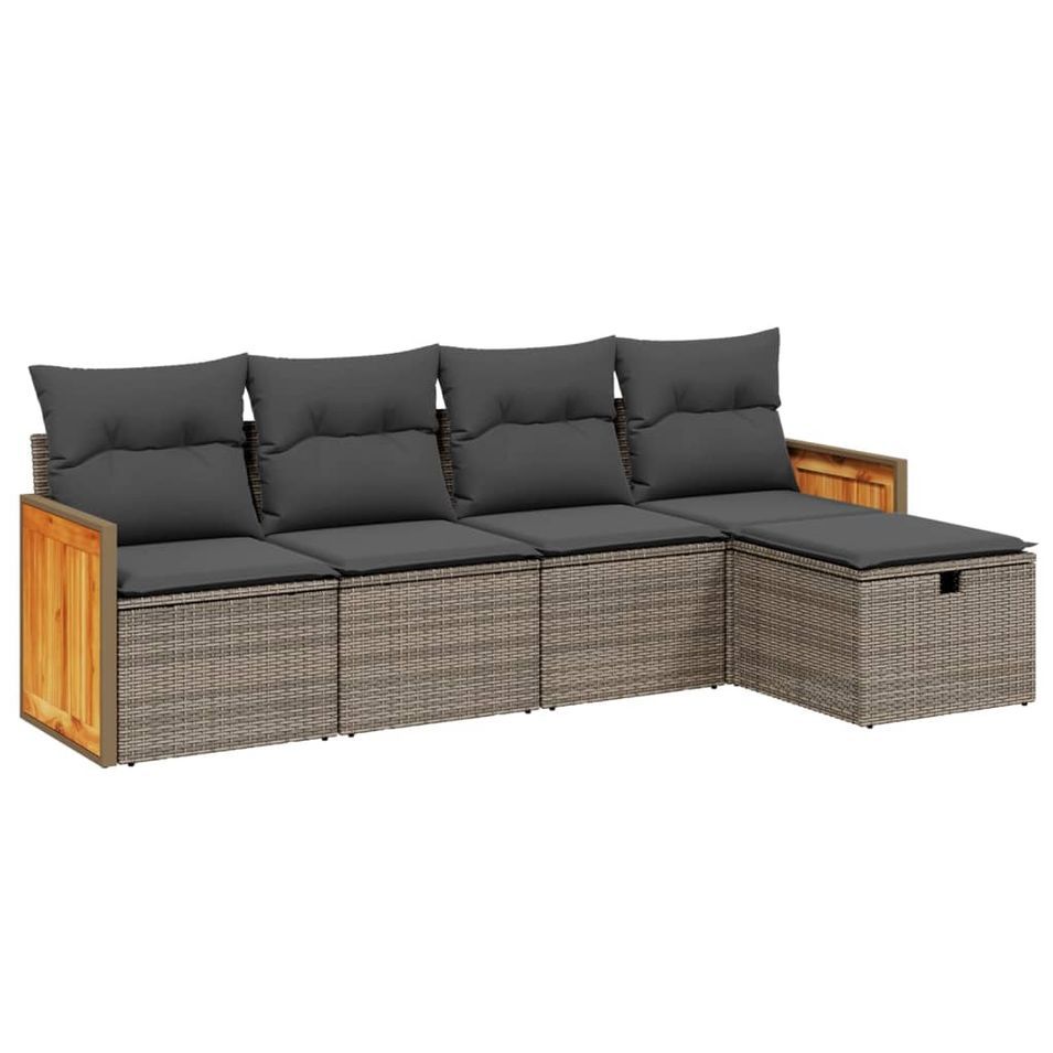 Salon de jardin 5 pcs avec coussins gris résine tressée - Photo n°1