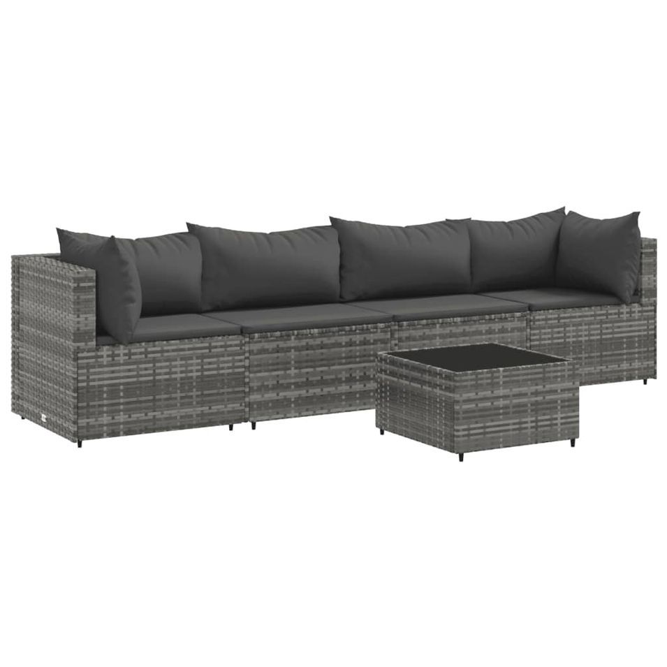 Salon de jardin 5 pcs avec coussins Gris Résine tressée - Photo n°1
