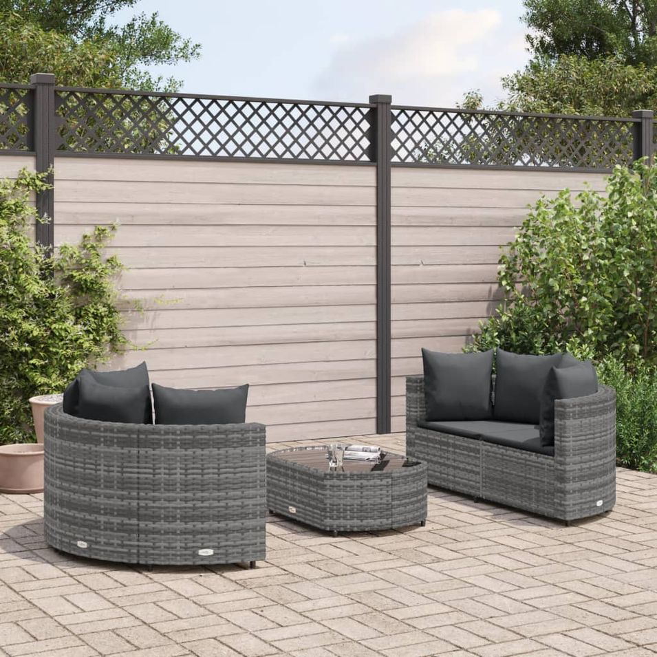 Salon de jardin 5 pcs avec coussins gris résine tressée - Photo n°1