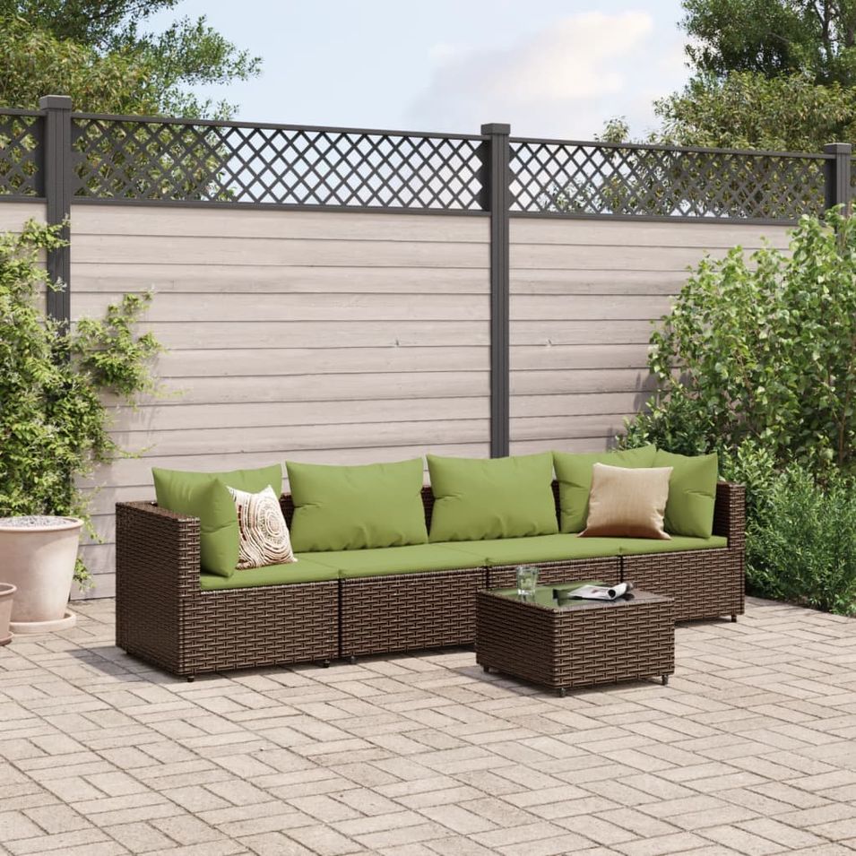 Salon de jardin 5 pcs avec coussins Marron Résine tressée - Photo n°1
