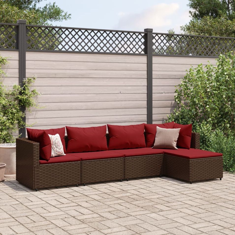 Salon de jardin 5 pcs avec coussins Marron Résine tressée - Photo n°1