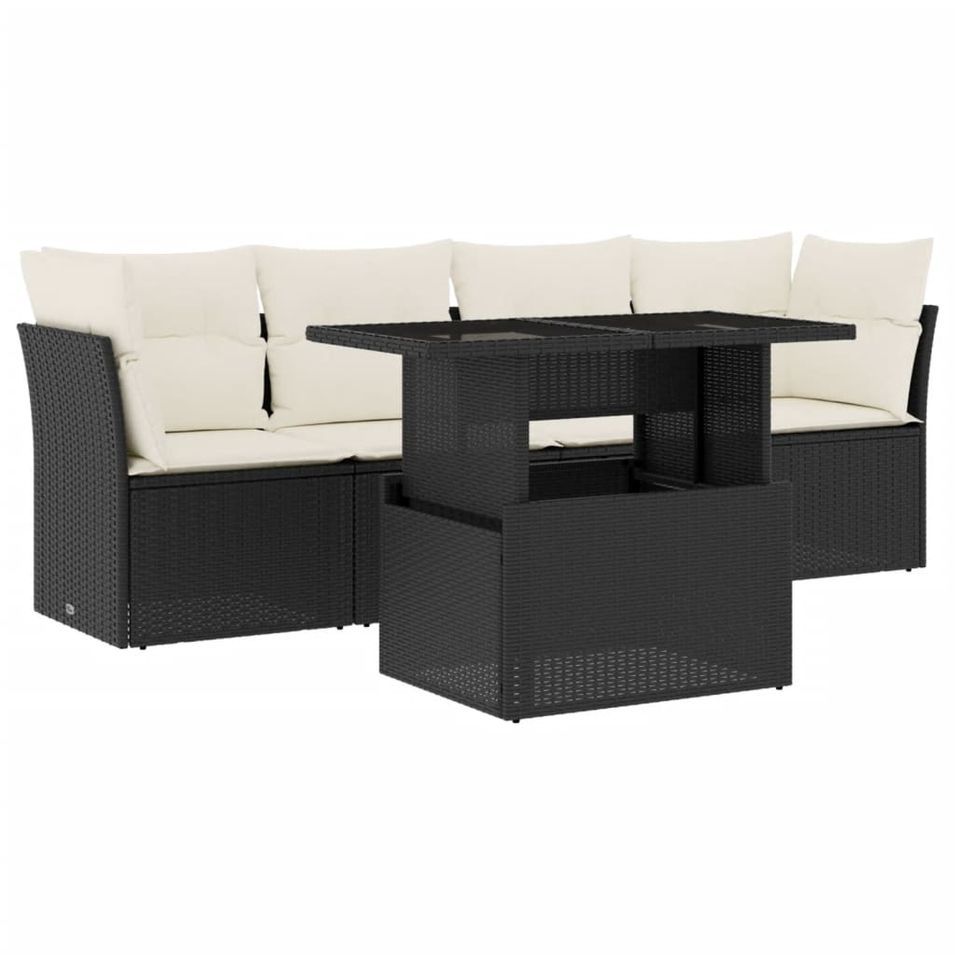 Salon de jardin 5 pcs avec coussins noir résine tressée - Photo n°1