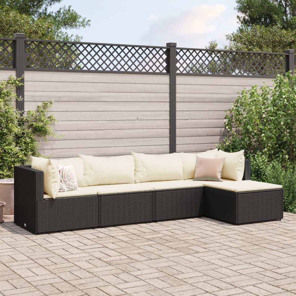 Salon de jardin 5 pcs avec coussins Noir Résine tressée - Photo n°1