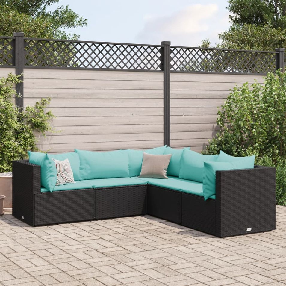 Salon de jardin 5 pcs avec coussins Noir Résine tressée - Photo n°1