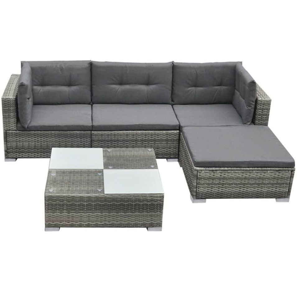 Salon de jardin 5 pcs avec coussins résine tressée gris - Photo n°1