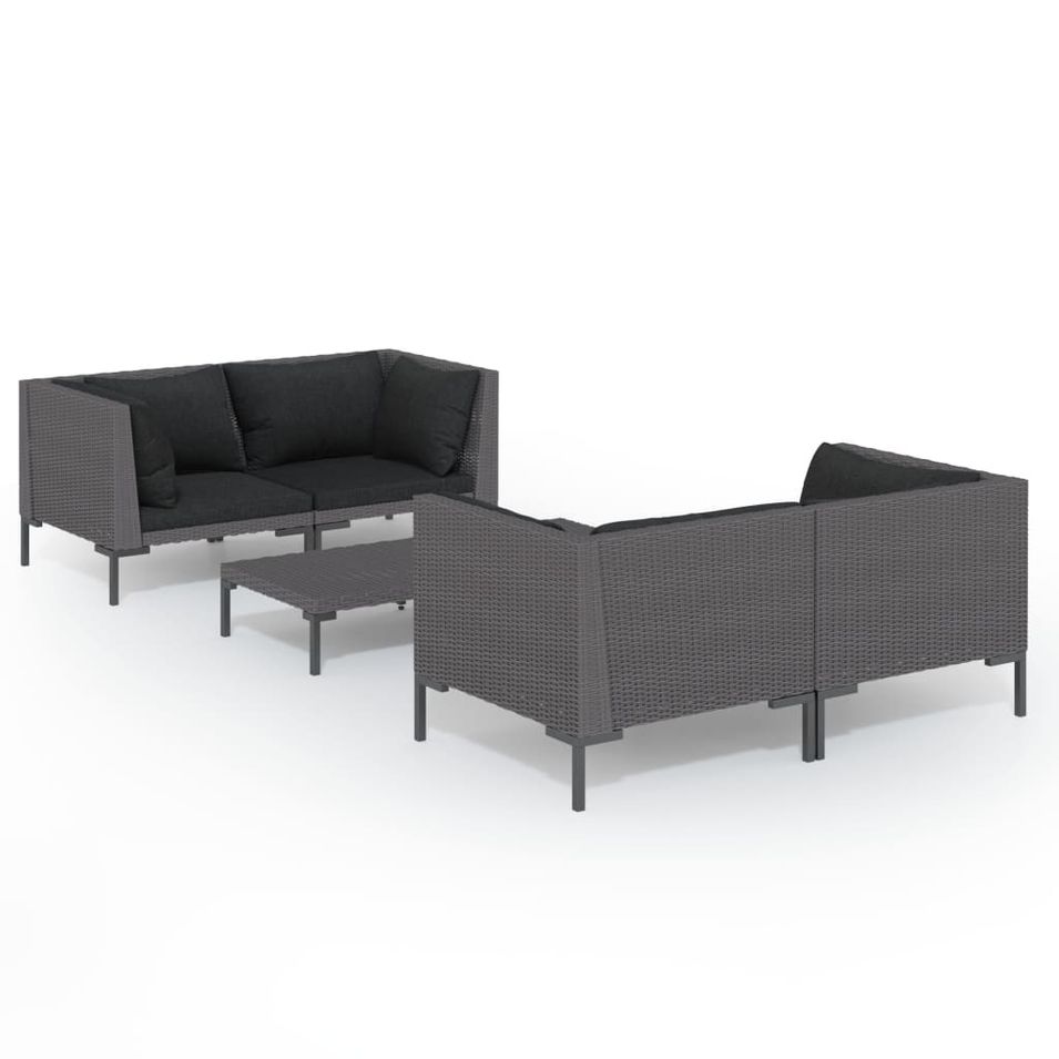 Salon de jardin 5 pcs avec coussins Résine tressée Gris foncé 4 - Photo n°1