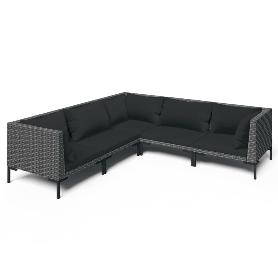 Salon de jardin 5 pcs avec coussins Résine tressée Gris foncé 2 - Photo n°1