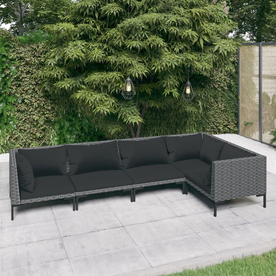 Salon de jardin 5 pcs avec coussins Résine tressée Gris foncé - Photo n°1