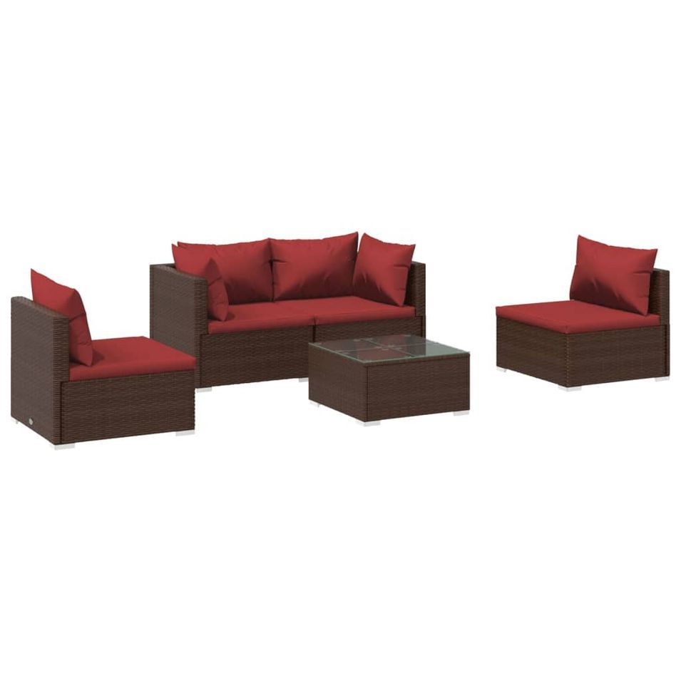 Salon de jardin 5 pcs avec coussins Résine tressée Marron 28 - Photo n°1