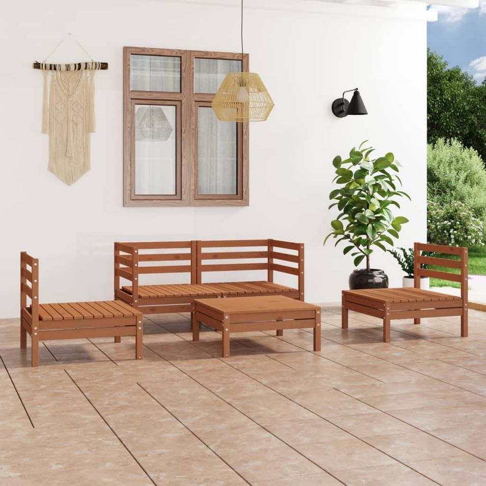 Salon de jardin 5 pcs Marron miel Bois de pin massif 24 - Photo n°1