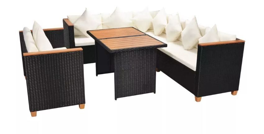 Salon de jardin 5 pièces résine tressée noir coussins blancs Kimberly - Photo n°1