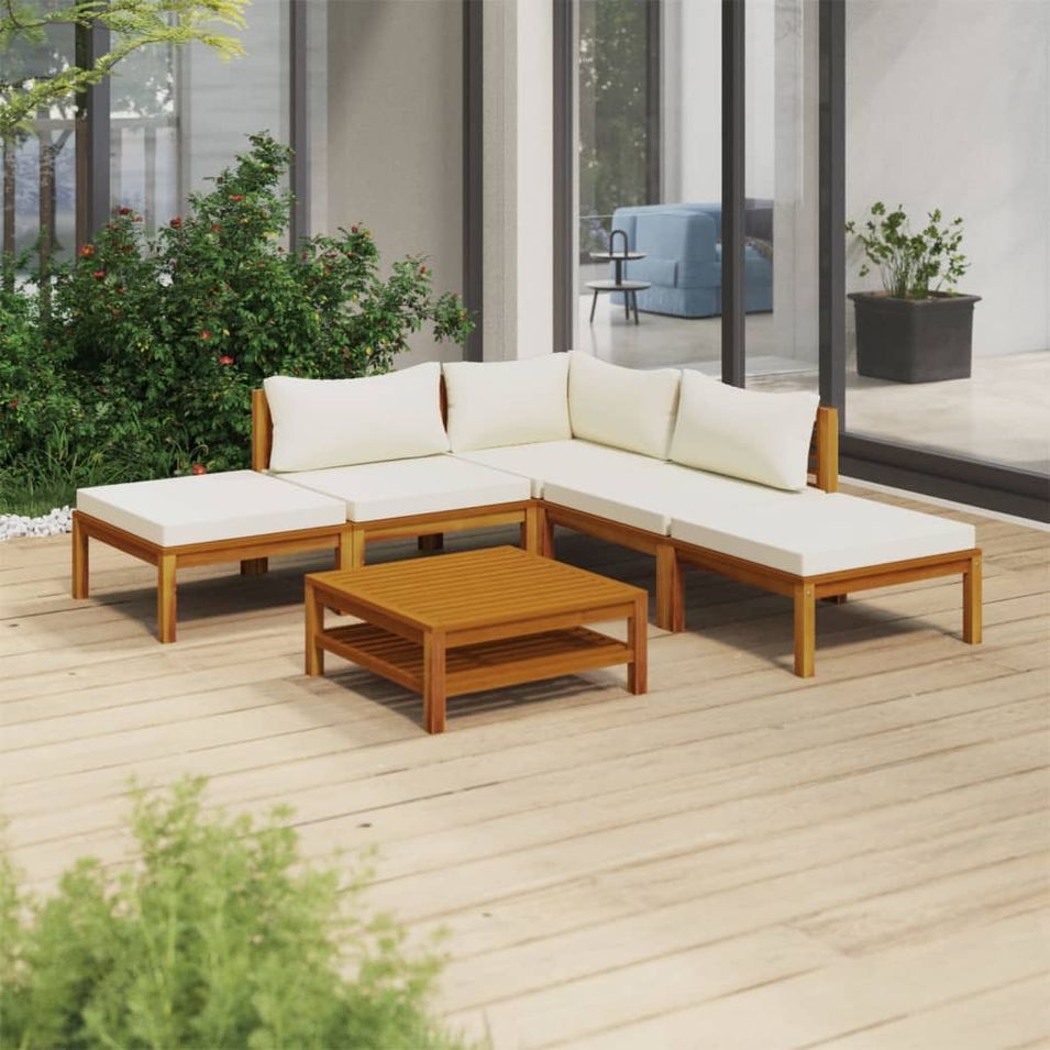 Salon de jardin 6 pcs avec coussin crème Bois d'acacia solide 7 - Photo n°1