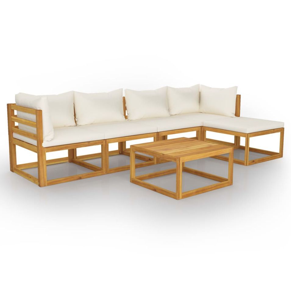 Salon de jardin 6 pcs avec coussin Crème Bois d'acacia solide 5 - Photo n°1