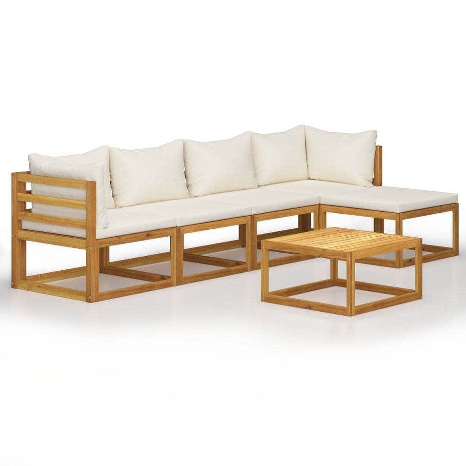 Salon de jardin 6 pcs avec coussin Crème Bois d'acacia solide 2 - Photo n°1