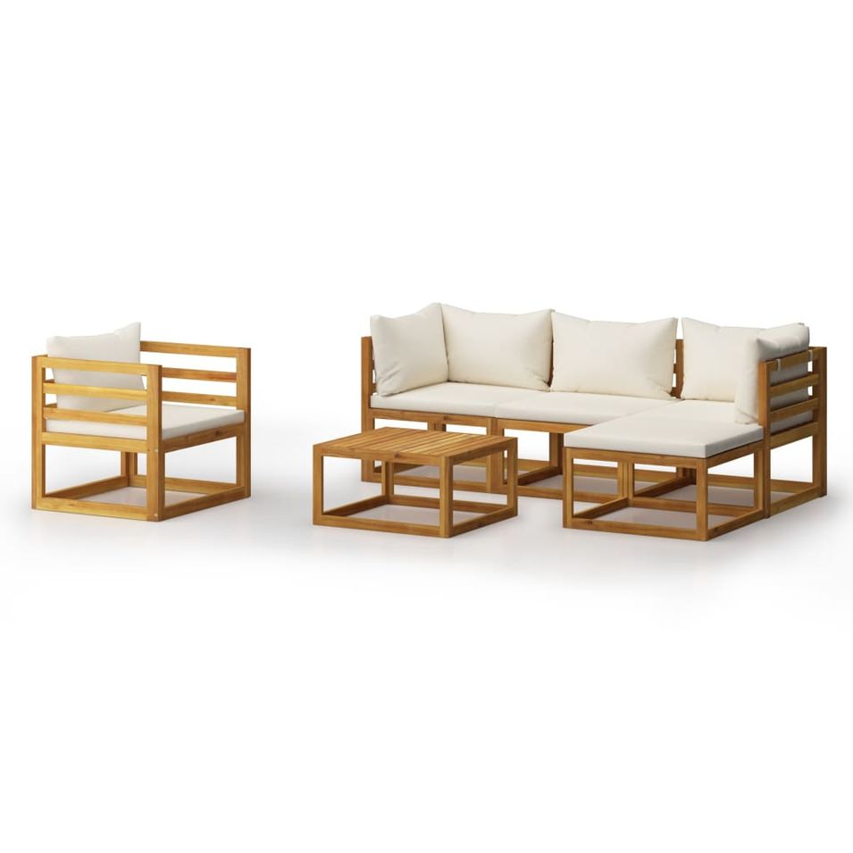 Salon de jardin 6 pcs avec coussin Crème Bois d'acacia solide - Photo n°1