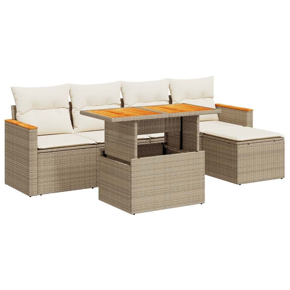 Salon de jardin 6 pcs avec coussins beige résine tressée acacia - Photo n°1