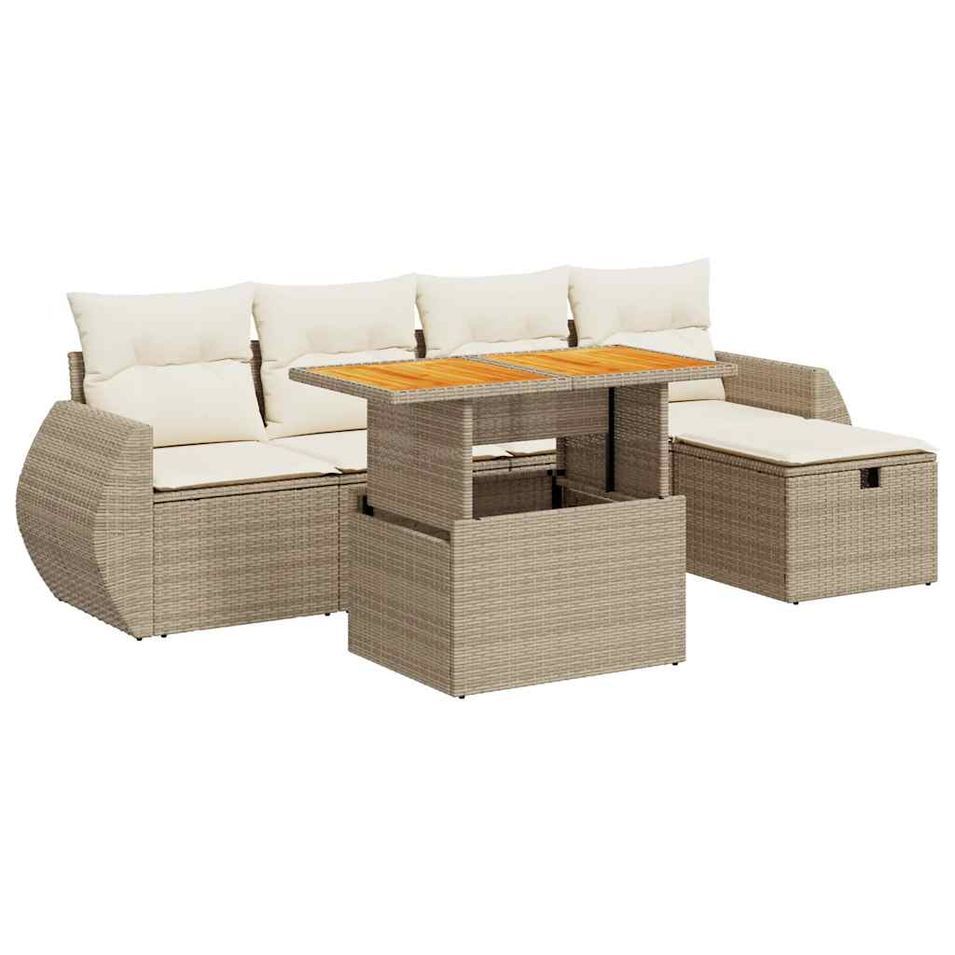 Salon de jardin 6 pcs avec coussins beige résine tressée acacia - Photo n°1