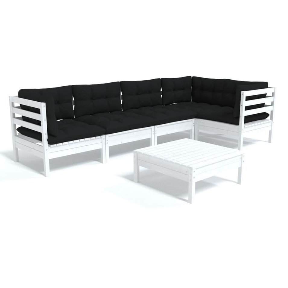 Salon de jardin 6 pcs avec coussins Blanc Bois de pin - Photo n°1